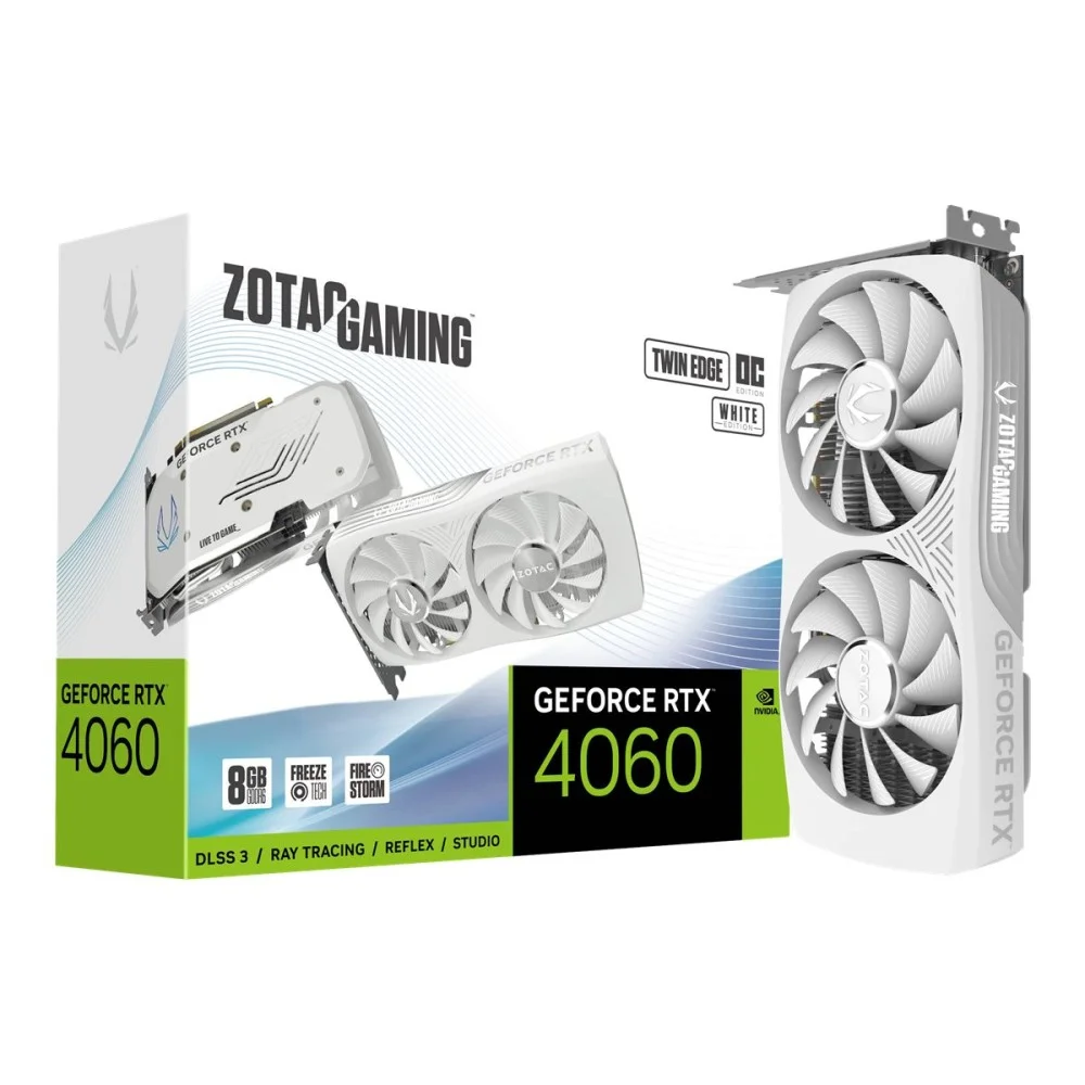 VGA ZOTAC RTX 4060 8GB TWIN EDGE OC WHITE EDITIONNVRTX4060GDDR68GB128BITHDMI+3DPRGB2 VENTILADORES (ZT-D40600Q-10M)