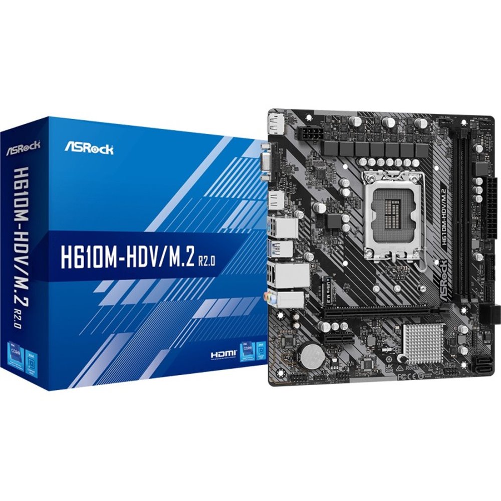 PLACA ASROCK H610M-HDV/M2 R20INTEL1700H6102DDR464VGAHDMIDP4SATA31M22USB202USB32USB-CMATX