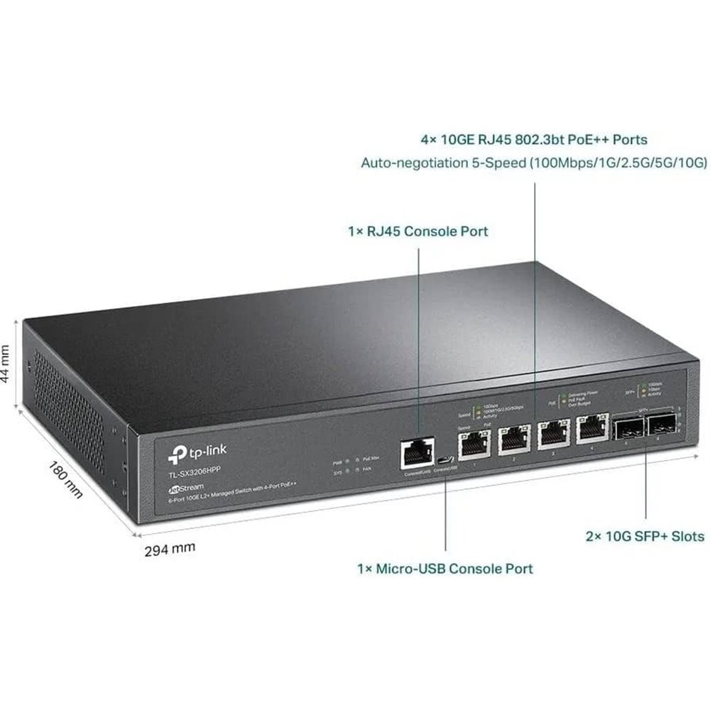 SWITCH GESTIONABLE L2+ TP-LINK TL-SX3206HPP 4P 10GE POE++ 200W 2P SFP+ 10GBPS